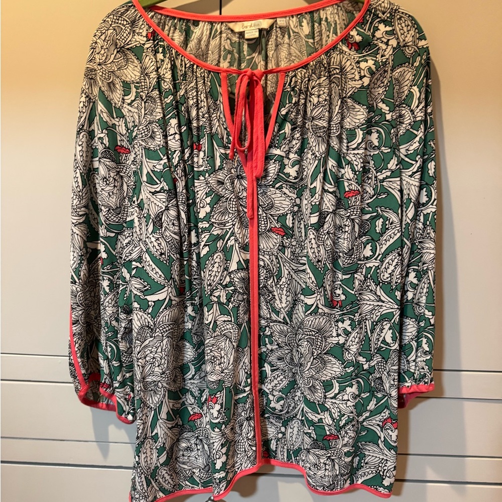 Boden Green and White Tie Front 3/4 Sleeve Blouse